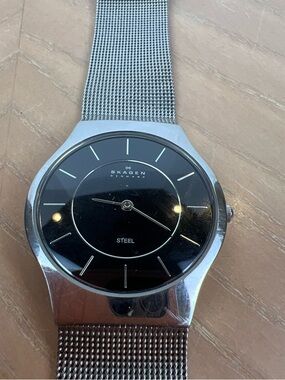 Skagen Silver Mesh Band Watch with Black Dial